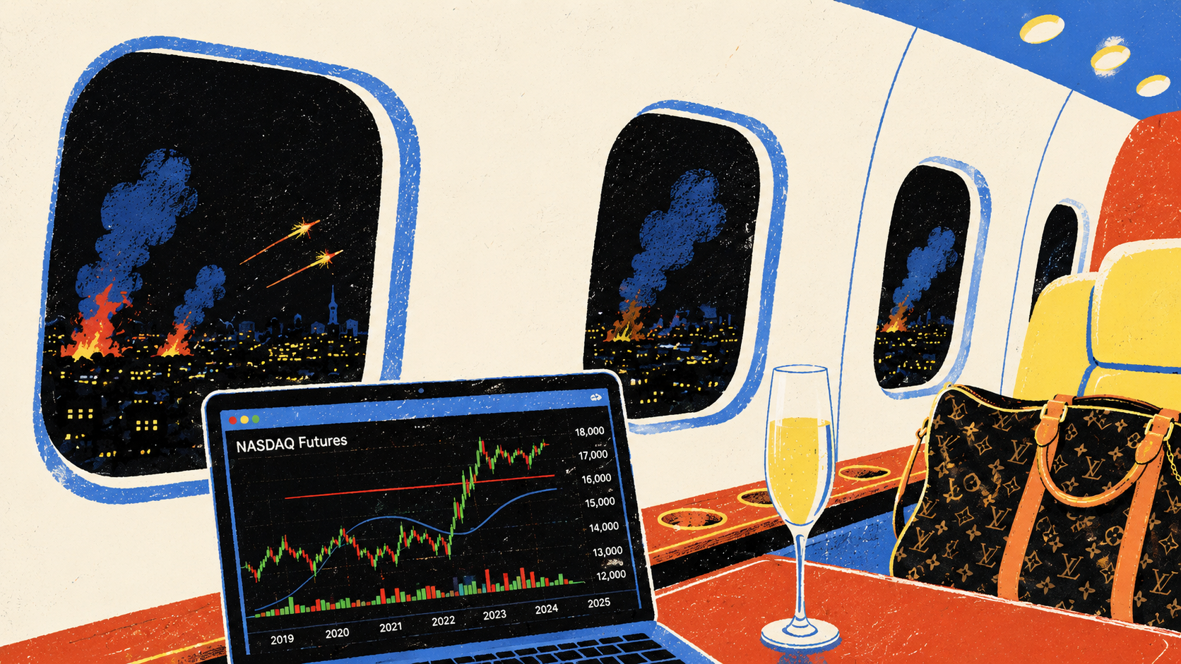 Luxury jet interior with rising Nasdaq futures while conflict unfolds outside, illustrating markets underpricing financial risk
