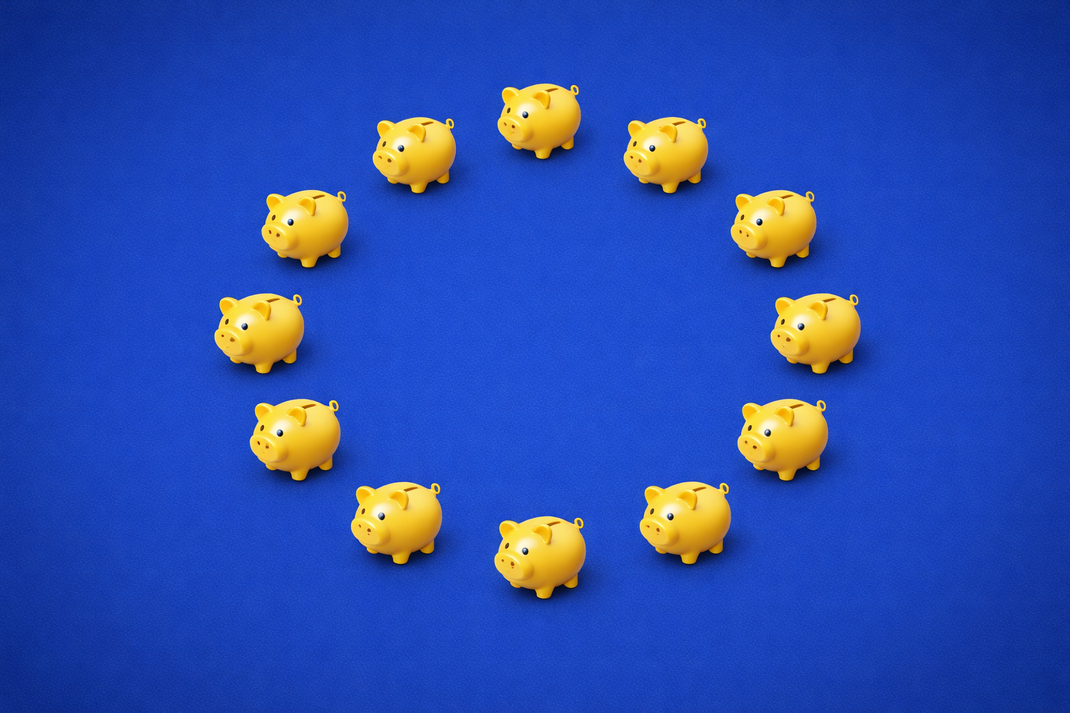 Circle of piggy banks arranged in the shape of the European Union flag