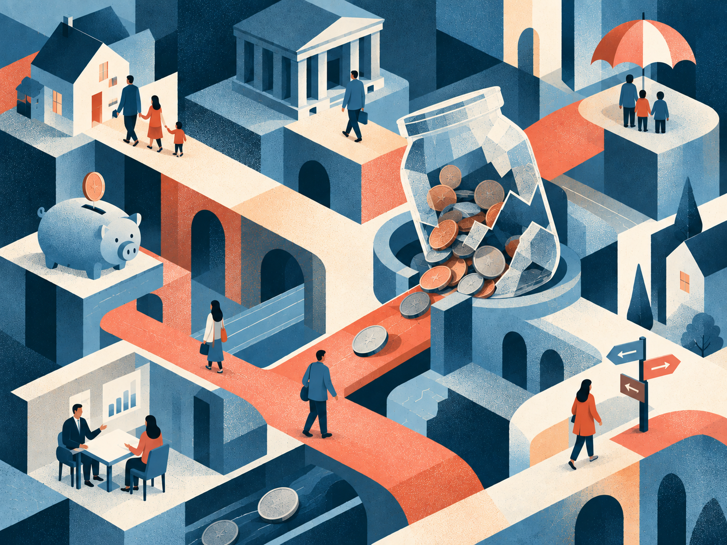 Editorial illustration of household finance showing a broken jar spilling coins across pathways between homes, a bank, a piggy bank, and families navigating a complex financial system.
