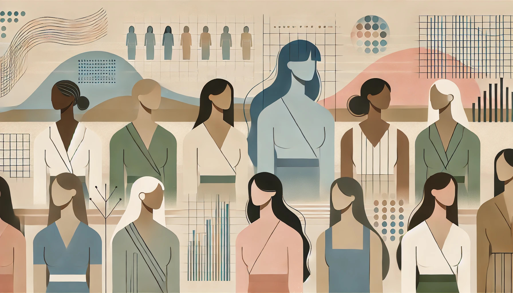 Illustration of women surrounded by charts, graphs, and data visualizations