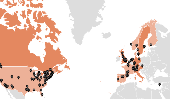 Map showing the locations of finance researchers across North America and Europe